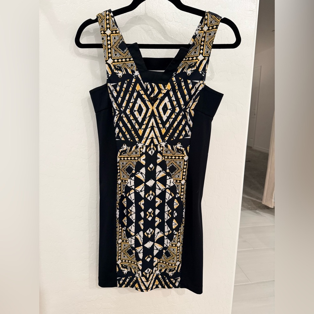 BCBGMaxAzria Black and Gold Patterned Mini Dress